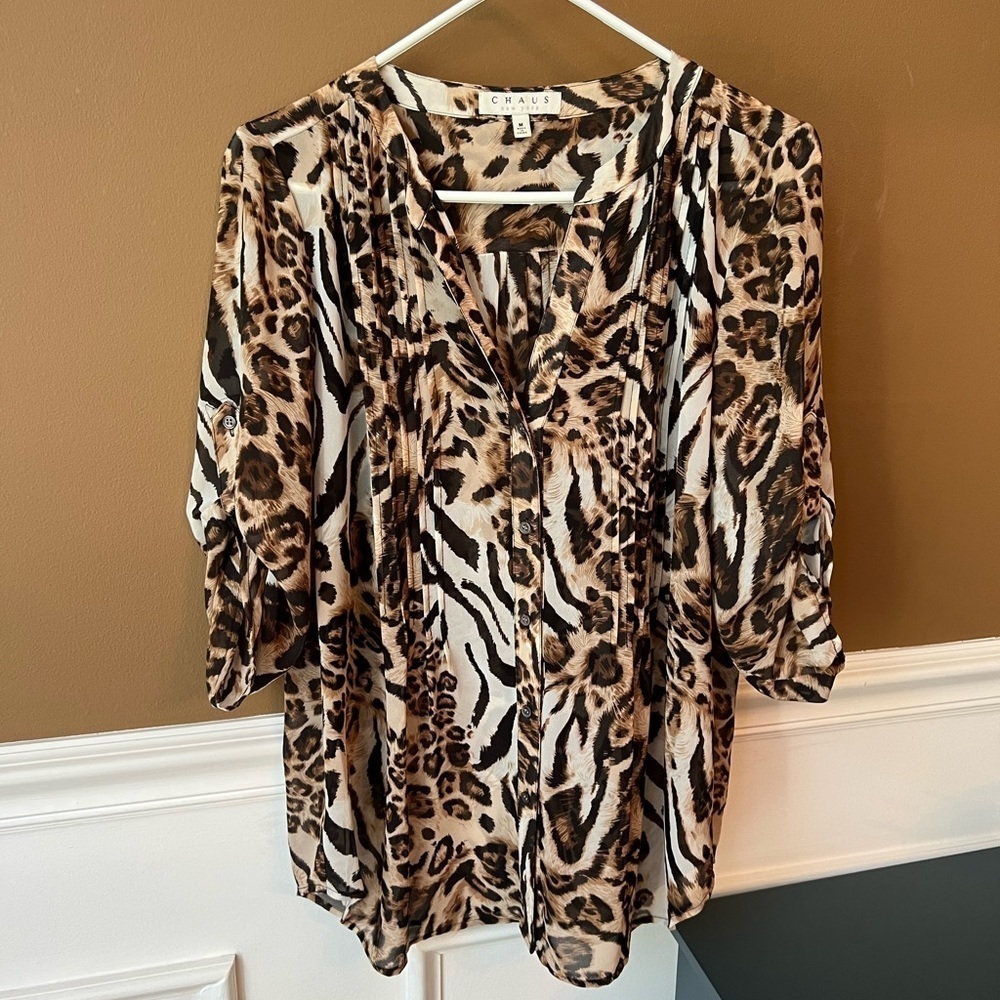 Chaus Leopard Print 3/4 Sleeve Relaxed Blouse Size L Business Casual